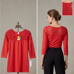 Tees by Tina Red Lace Yoke 3/4 Sleeve Tunic